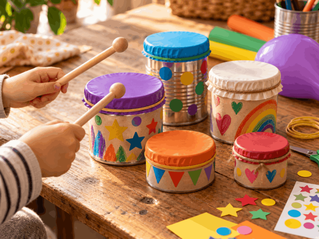 Musikinstrumente selber machen, basteln, DIY Trommel, Dosen Trommel selber basteln mit Kindern, Ideen für Basteln