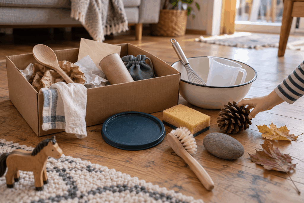 Alltagsgegenstände für freie Spielideen wie Kochlöffel, Karton, Messbecher,Schüsseln, Papier, Zapfen, Kastanien,Kreaticbox