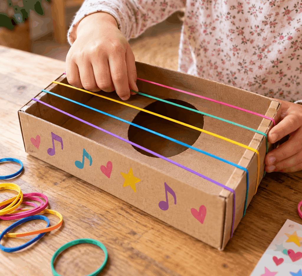 Musikinstrumente selber machen, basteln, DIY Gitarre aus Karton, selber basteln mit Kindern, Ideen für Basteln