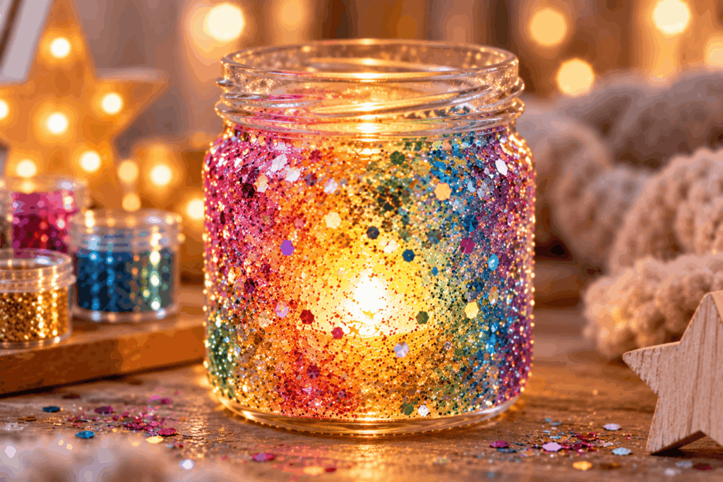 Windlicht basteln, DIY,Windlicht selber machen mit Kindern, Windlicht basteln mit Glitzer, Windlicht basteln Herbst Winter Weihnachten, Regenbogen, Upcycling Ideen