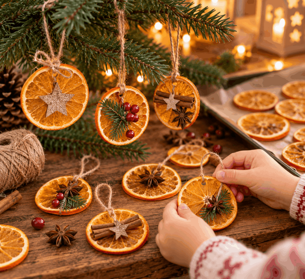 Weihnachtsdeko basteln mit Kindern, einfache deko für weihnachten basteln, pappe, getrocknete Orangenscheiben als Weihnachtsdeko