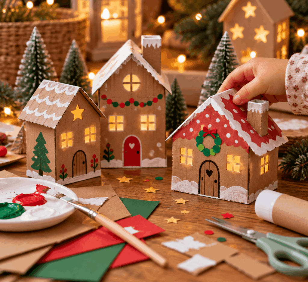 Weihnachtsdeko basteln mit Kindern, einfache deko für weihnachten basteln, pappe,Weihnachtshäuser aus Karton
