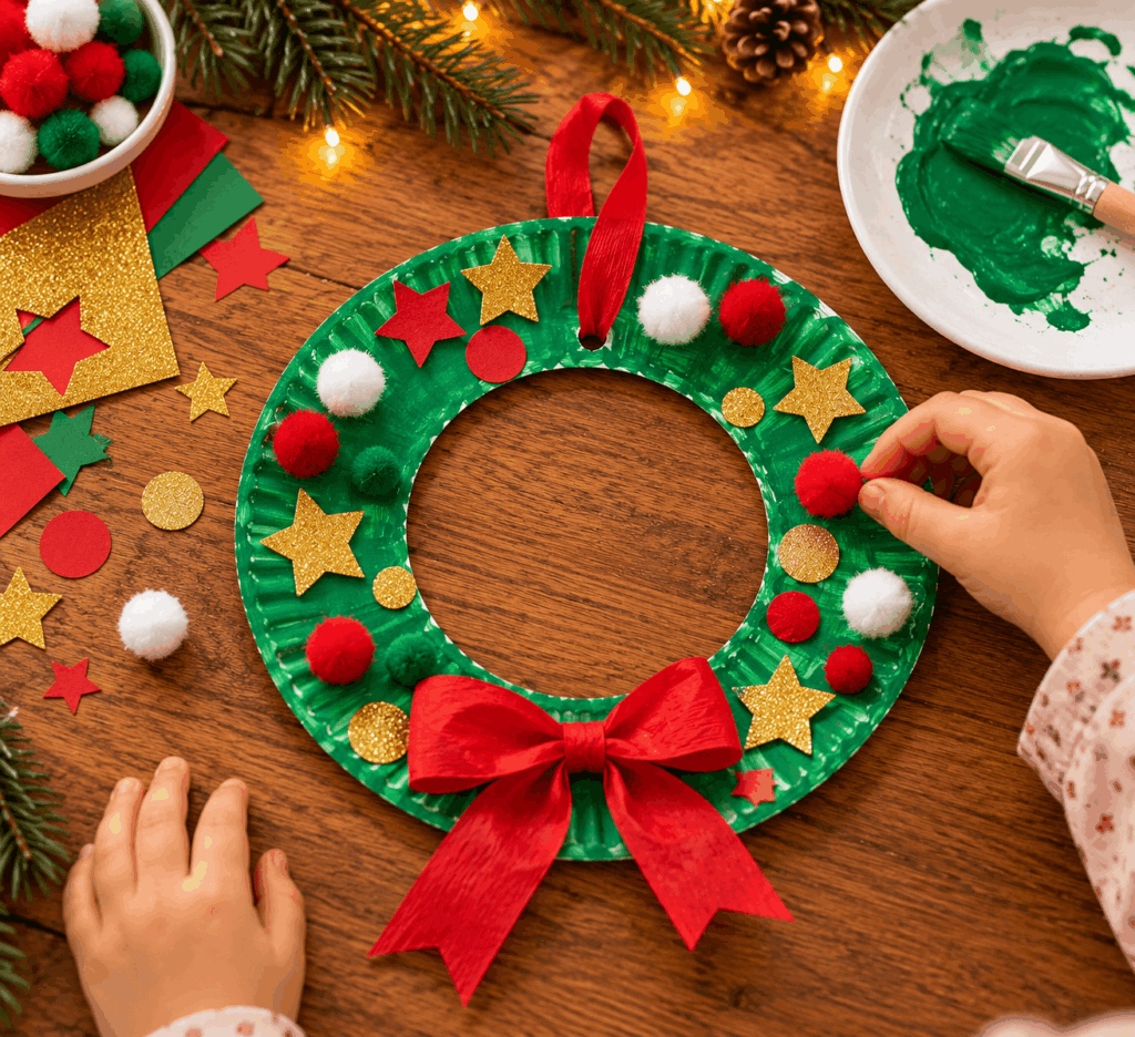 Weihnachtskranz aus einem Weihnachtsdeko basteln mit Kindern, einfache deko für weihnachten basteln, pappe,Pappteller