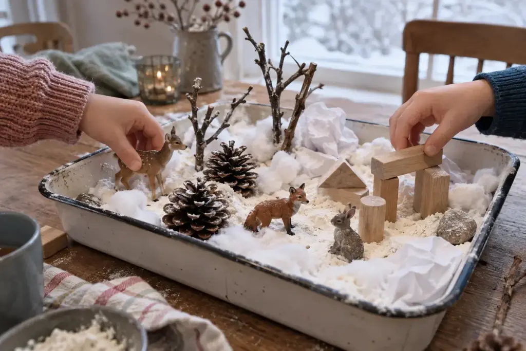 Selbst gebaute Winterwelt aus Watte, Papier, Zweigen, Tannenzapfen, Holzklötzen und Tierfiguren,DIY, Kreativ, Basteln, Spielidee, sensorik